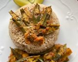 A picture of step 4 of Okra masala with aubergine & sweet potato.