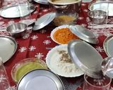 A picture of step 12 of Masala Dosa, sambar, coconut, dhania chutney.