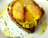A picture of step 7 of Bruschetta with Avocado, Daikon Noodle Salad, and Breaded Egg.