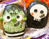 A picture of step 8 of Frankenstein Monster and a Skull Halloween Character Bento.