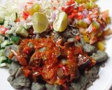 A picture of step 8 of Danwake with hot liver sauce.