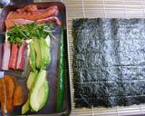 A picture of step 1 of California Rolls with Cured Ham.