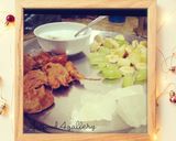 A picture of step 1 of Singhada aata pakora, Agra petha,curd n fruits in frame.