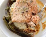 A picture of step 9 of Roasted Salmon with Okra, Grits, and Sherry Paprika Vinaigrette.
