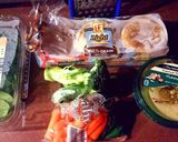 A picture of step 1 of EASY Hummus, Veggie English Muffin Pizza (kid friendly, budget friendly!) .