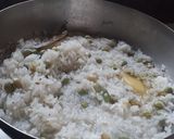 A picture of step 2 of Lilva pulao and gujarati kadhi.