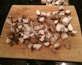 A picture of step 1 of Fried Tofu with Pork Belly, Mushrooms and Leeks.