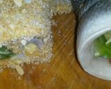A picture of step 8 of Sig's Sea Bass, stuffed and then coated in spicy Breadcrumbs.