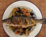 A picture of step 6 of Roast seabass on a bed of roasted vegetables and samphire.