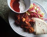 A picture of step 3 of Grilled Chicken Kebabs, salad and wraps with dips.