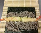 A picture of step 12 of Soba noodle Roll Sushi with shrimp Tempura.
