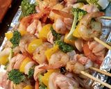 A picture of step 4 of BBQ, Sweet Chili, & Peach Bacon Wrapped Shrimp Kabobs.