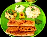 A picture of step 10 of Vrat Farali Thali: Potato Peanut Kadhi, Barnyard Khichdi, Rajgira Potato Paratha, Potato Sabzi.