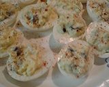 A picture of step 6 of 4th of July deviled eggs, or anytime.