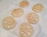 A picture of step 2 of Lotus Root Millfeuille with Garlic and Anchovy.