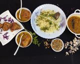 A picture of step 11 of Burmese samosa curry with saffron rice.