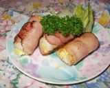 A picture of step 4 of Chikuwa and Egg Wrapped in Bacon.