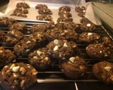 A picture of step 5 of Sunshines cocoa white chocolate macadamia cookies.