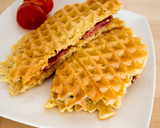 A picture of step 5 of 'Twisted' waffles with bacon.