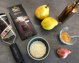 A picture of step 1 of Goat Cheese and Pear Risotto with Chocolate, Caramelized Pears, and Hazelnuts.