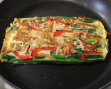 A picture of step 15 of Pajeon (Korean Style Piccata) with Scallion and Sakura Shrimp.