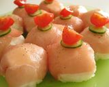 A picture of step 10 of Western Style Temarizushi (Ball Shaped Sushi) with Cured Ham and Cheese.