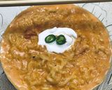 A picture of step 5 of Knorr noodles with pink sauce.