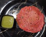 A picture of step 5 of Beetroot Cheela with Coriander chutney.