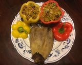 A picture of step 3 of California Farm Eggplant Dinner with Stuffed Peppers.