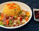 A picture of step 5 of Shaking Beef Fried Rice.