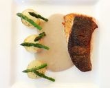 A picture of step 19 of Crispy Skin Salmon, Asparagus with Fondant Potato and Chestnut Sauce.