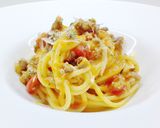 A picture of step 5 of Spaghetti alla Chitarra with Cherry Tomato Cream and Tastasale Ragù.