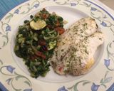A picture of step 8 of Paloma's Baked Tilapia with Celery, Courgette, Spinach in white.