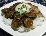A picture of step 6 of Eggplant and Bacon with Poached Egg.