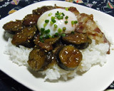 A picture of step 6 of Eggplant and Bacon with Poached Egg.
