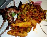 A picture of step 15 of Matoke peas with panfried roast chicken.#authors marathon.