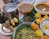 A picture of step 2 of Dal, Rice, Mushroom subji, bean, karala.