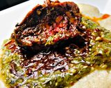 A picture of step 5 of Semovita (swallow)with okra soup and stew.