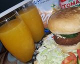 A picture of step 7 of Reshmi kabab burger with orange juice.