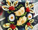 Foto del paso 3 de la receta Pechuga de pollo a la plancha con flores de pepino e hilos de puré de guisantes