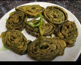 A picture of step 6 of Arbi Patra(Aloo Wadi).