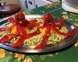 Une image de l'étape 9 de Pieuvres de poivrons grillés île de betteraves et mer de courgette.