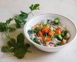 A picture of step 5 of A healthy breakfast-Fermented Farro with curd, sprouts, and veggies.