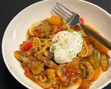 A picture of step 7 of Mushroom & Cherry Tomato Pasta with Poached Egg.