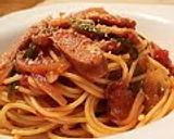 A picture of step 8 of Leek and Chicken Tomato Pasta.