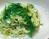 A picture of step 4 of Zucchini Noodles with Pesto of garlic scapes and Marcona almonds.