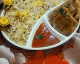 A picture of step 10 of Capsicum and chicken pulao with potato kabab platter.