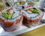A picture of step 8 of California Rolls with Cured Ham.