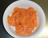 A picture of step 1 of Daikon Radish and Salmon with Wasabi, Mayonnaise, and Soy Sauce Dressing.
