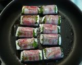 A picture of step 5 of Hanpen Fish Cake and Cheese Wrapped with Shiso Leaves and Bacon.
